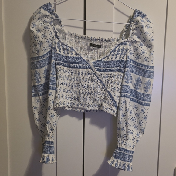 Zara Linen Blend Shirred Top Blue Floral Paisley Puff Sleeve Crop Size XS - Picture 4 of 9